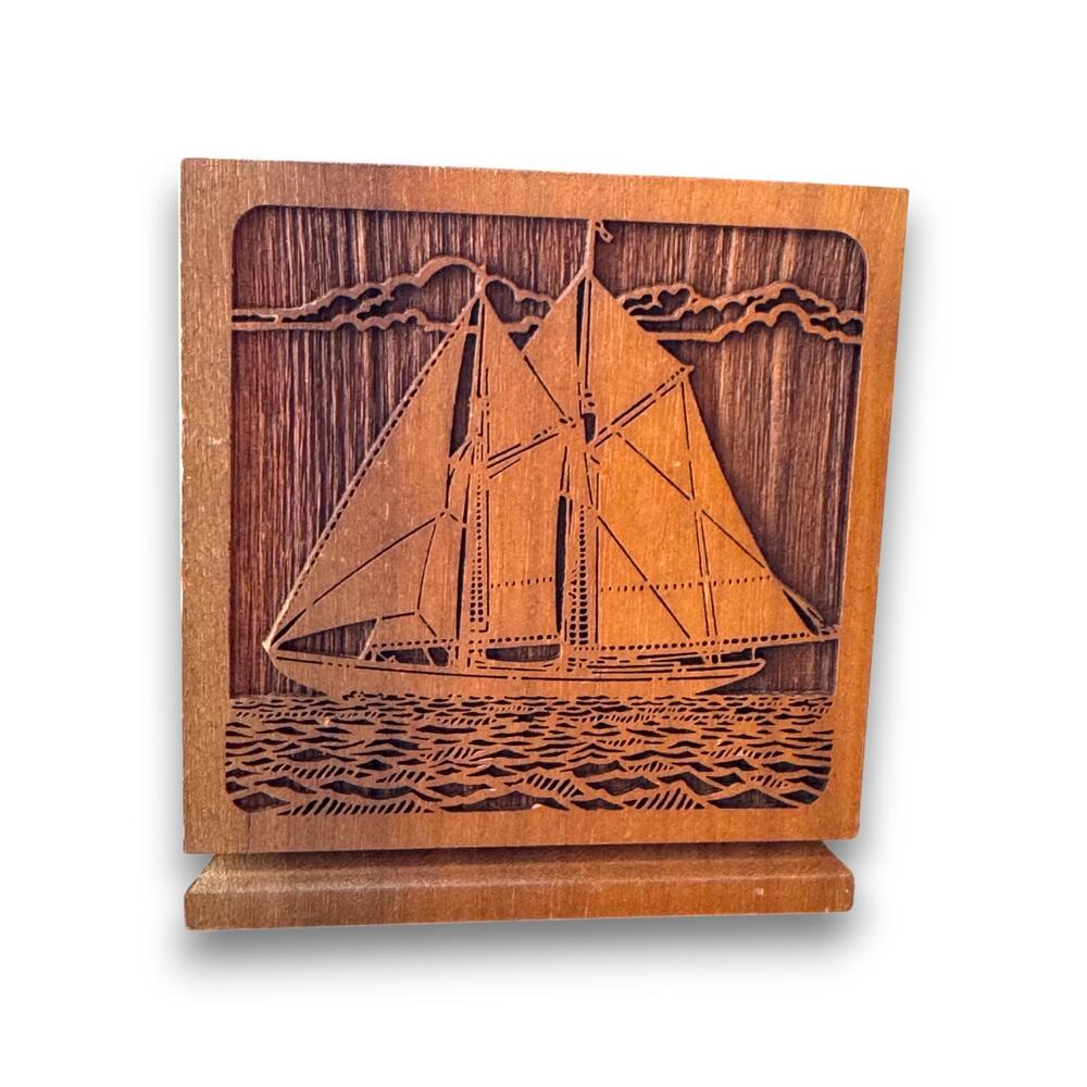 Vintage Lasercraft Wood Double Pen Pencil Holder Lasered Sailboat Nautical 1977